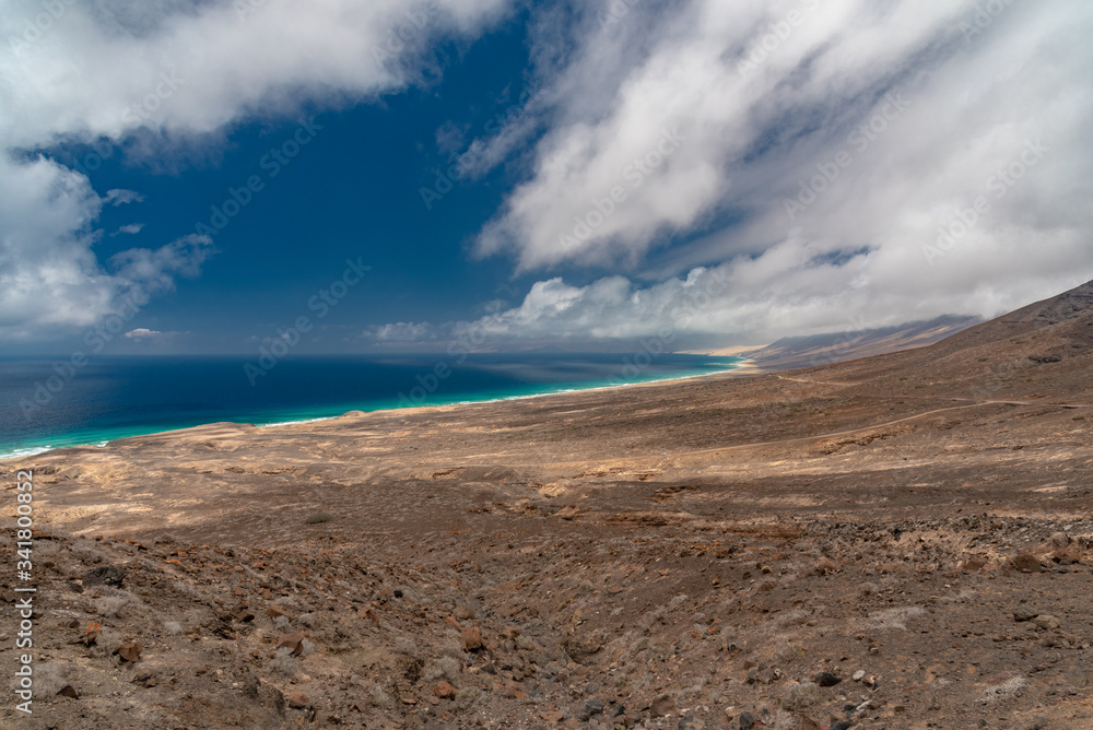 ocean and mountains in the desert of the Canary Island of Fuerteventura