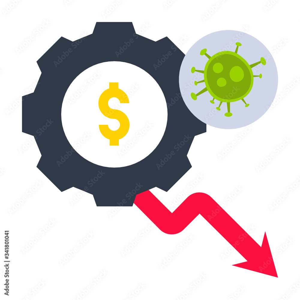 coronavirus impact on industries concept, Bankruptcy and financial crisis symbol on white background, cogwheel with virus down moving arrow vector flat icon design coronavirus impact on industries concept, Bankruptcy and financial crisis symbol on white background, cogwheel with virus down moving arrow vector flat icon design
