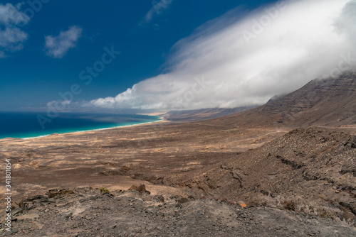 ocean and mountains in the desert of the Canary Island of Fuerteventura