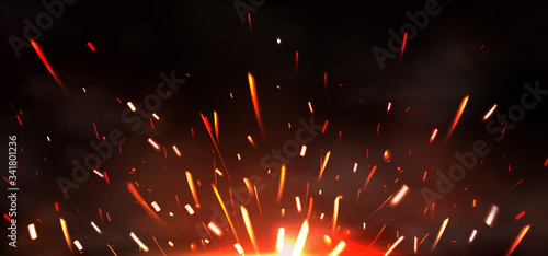 Weld sparks isolated on black background. Vector realistic flare effect of metal welding or blacksmith works. Flying glowing particles and smoke of industrial works with steel or burning fire