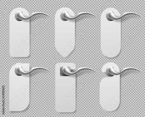 Door hangers on metal handles mockup set. Blank paper or plastic empty labels of various shapes for hotel doorknob room, dont disturb signs, messages on entrance knobs, Realistic 3d vector mock up