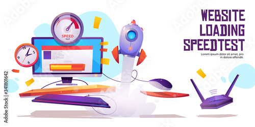 Website loading speed test banner. Internet site quick traffic optimization engine plugin testing. Computer desktop with web page, speedometer, clock, wifi router and rocket Cartoon vector poster