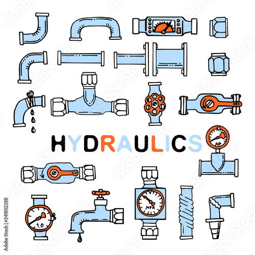 Water supply networks. Sketch doodle color vector illustration. Games, Technology and Steam punk pattern. Hydro background. Plexus of the hydraulic tube. Single elements isolated on white background