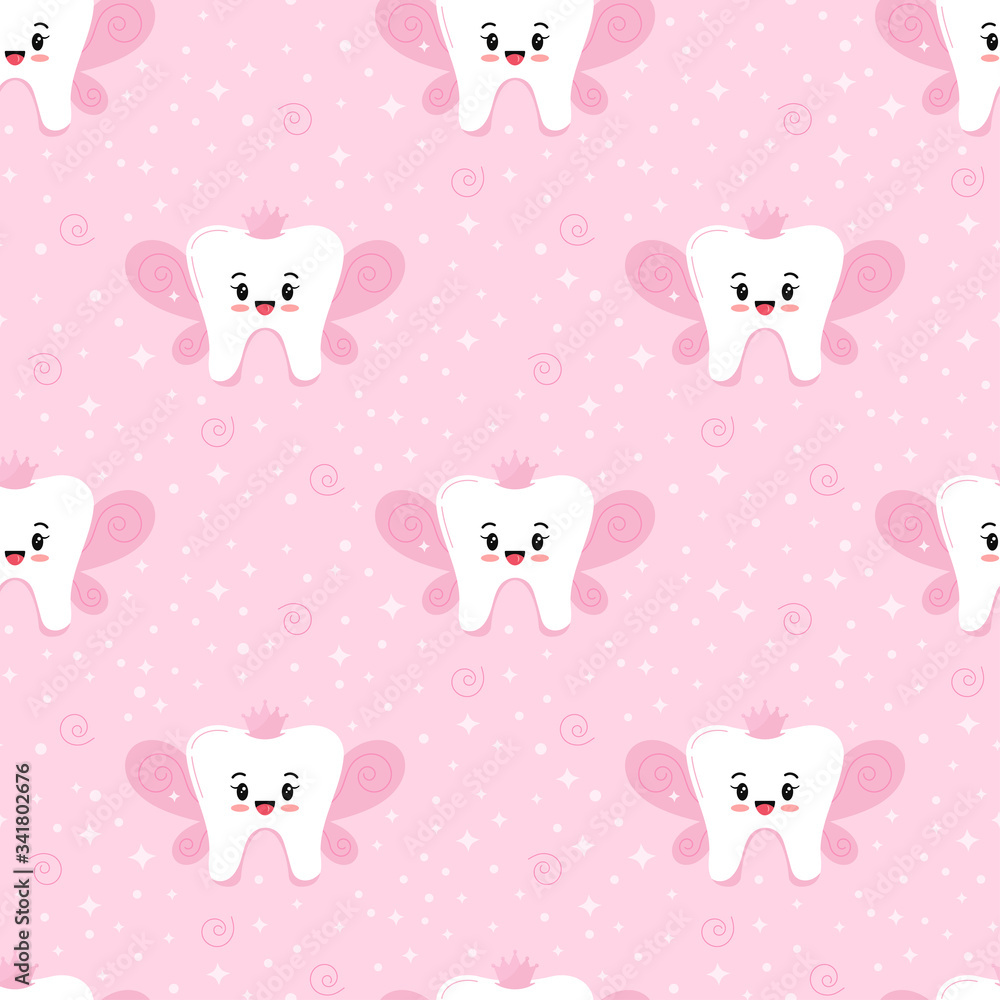 Cute Tooth Fairy vector seamless pattern.