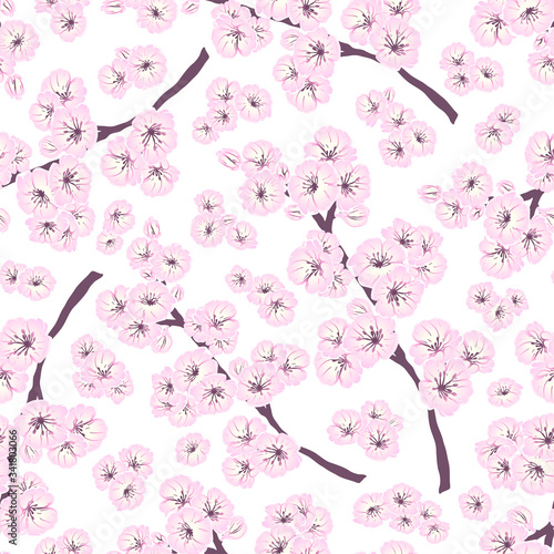 Hand drawn seamless pattern of pink spring sakura, flowers, blooming tree branches, floral elements. Colorful doodle sketch illustration for design card, invitation, wallpaper, wrapping paper, fabric