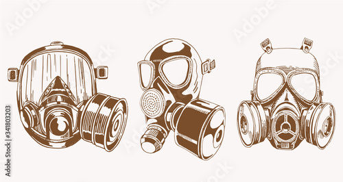 Graphical vintage set of gas masks , vector sepia illustration, virus elements