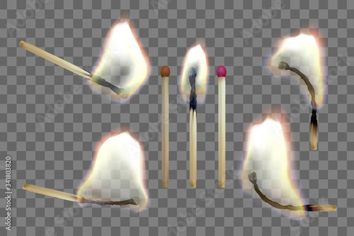 Realistic safety match. Set of 3d wooden matches. Vector illustration