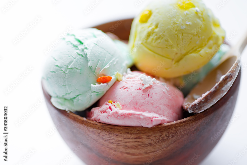 Bowl with fresh natural colorful ice-cream macro background. Bowl with fresh natural colorful ice-cream macro background.