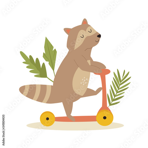 Cute raccoon riding on a scooter. Animal character