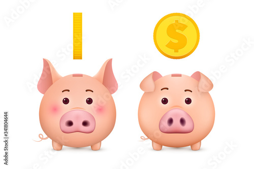 Piggy bank and gold coin isolated on white background. 3d money box. Vector illustration
