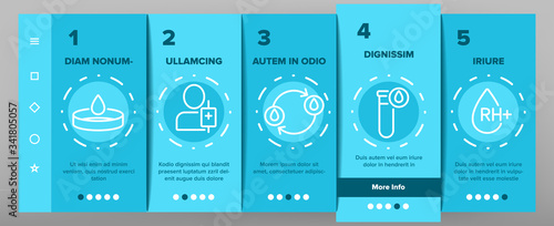 Donor Blood Donation Onboarding Icons Set Vector. Palpitations And Dizziness, Donor Badge Card With Medicine Information Illustrations