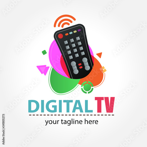 Funny colorful logo for digital television or children's channel. Composition of cartoon remote control and abstract elements. Iptv logotype.