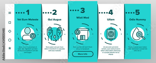 Donor Blood Donation Onboarding Icons Set Vector. Palpitations And Dizziness, Donor Badge Card With Medicine Information Illustrations