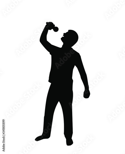Full length of silhouette man singing with microphone. A singer pop, country music,opera music, rock star. Black and white color. Stock vector illustration on white isolated background.