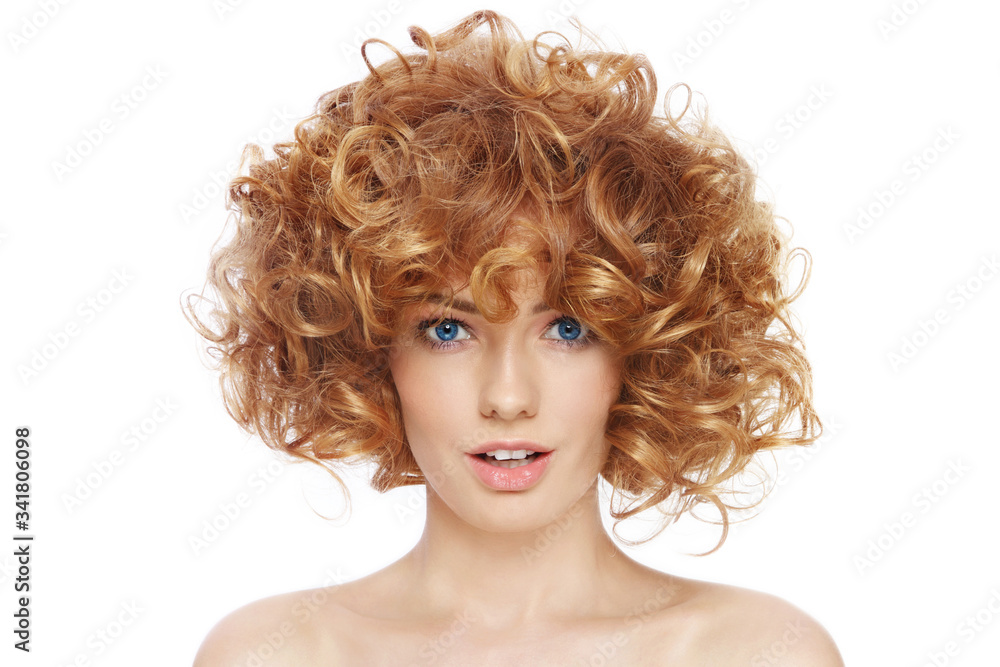 Young beautiful happy woman with curly hair over white background Young beautiful happy woman with curly hair over white background