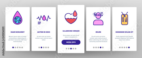 Donor Blood Donation Onboarding Icons Set Vector. Palpitations And Dizziness, Donor Badge Card With Medicine Information Illustrations