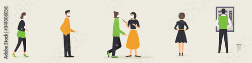 Queue of clients to receive cash at teller machine in bank during epidemic of virus.Customers in protective medical masks who waiting in line at safe distance for access to an ATM.Vector illustration