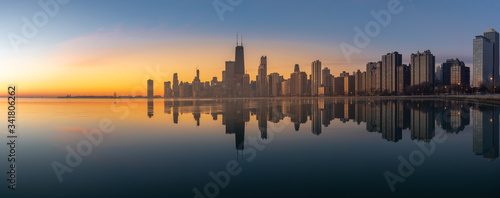 Panoramic Chicago Skyline Cityscape at night  and  blue sky with cloud, Chicago, United state