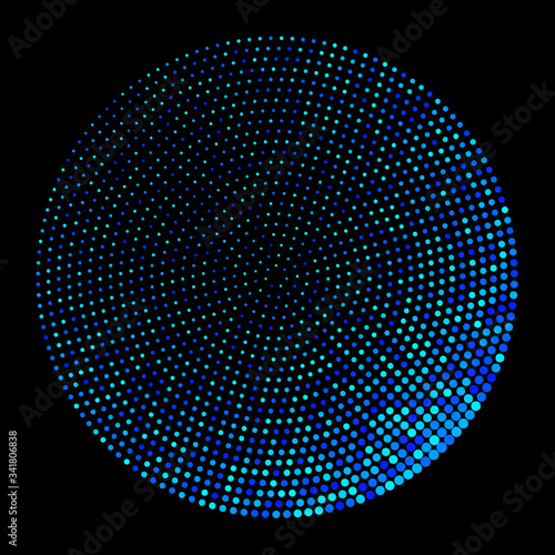 Halftone dots in circle form. Blue round logo or icon. Vector dotted frame as design element