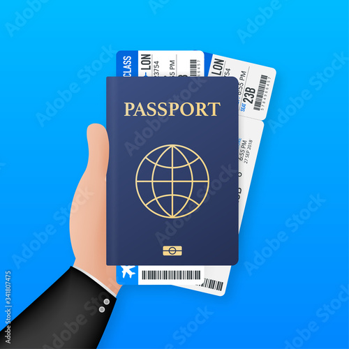Blank passport template and airline tickets. International passport with sample personal data page. Vector stock illustration.