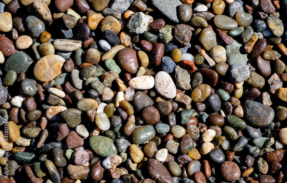 Colorful stones lie on a beach on a sunny day Colorful stones lie on a beach on a sunny day
