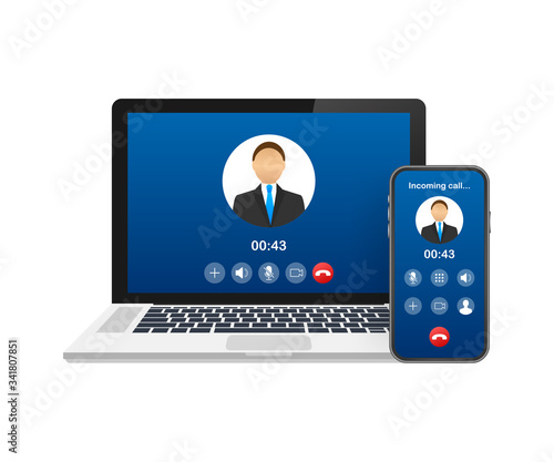 Incoming video call on laptop. Laptop with incoming call, man profile picture and accept decline buttons. Vector stock illustration.