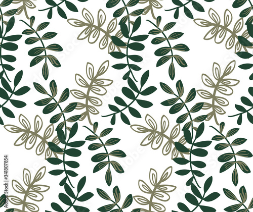 Floral simple minimalist seamless pattern graphic design for paper, textile print, page fill. Hand drawn green branches and leaves on a white background. Great for scrapbooking, packaging, textiles.