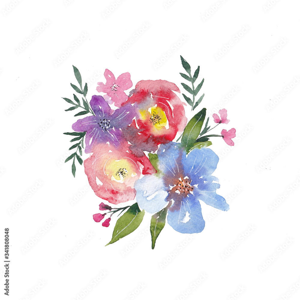 An element of a hand-made watercolor drawing of lovely and delicate flowers on a white background. Use in the design of weddings, greetings, cards