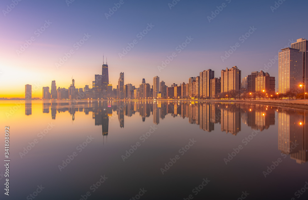 Chicago Skyline Cityscape at night  and  blue sky with cloud, Chicago, United state