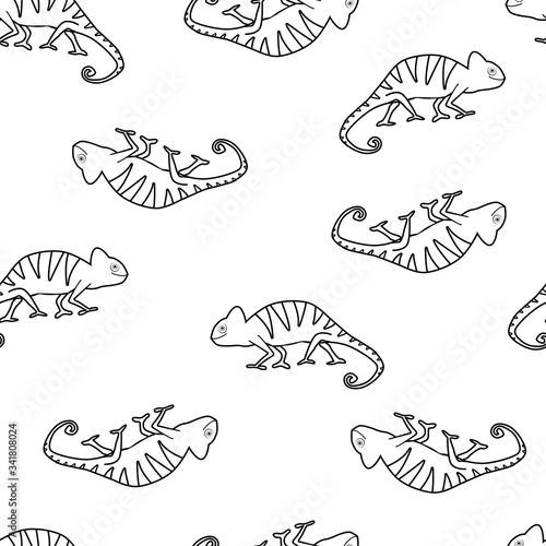Seamless pattern with doodle chameleons on white background. Reptile background. Reptile pattern with doodle chameleons. Hand drawn chameleons pattern