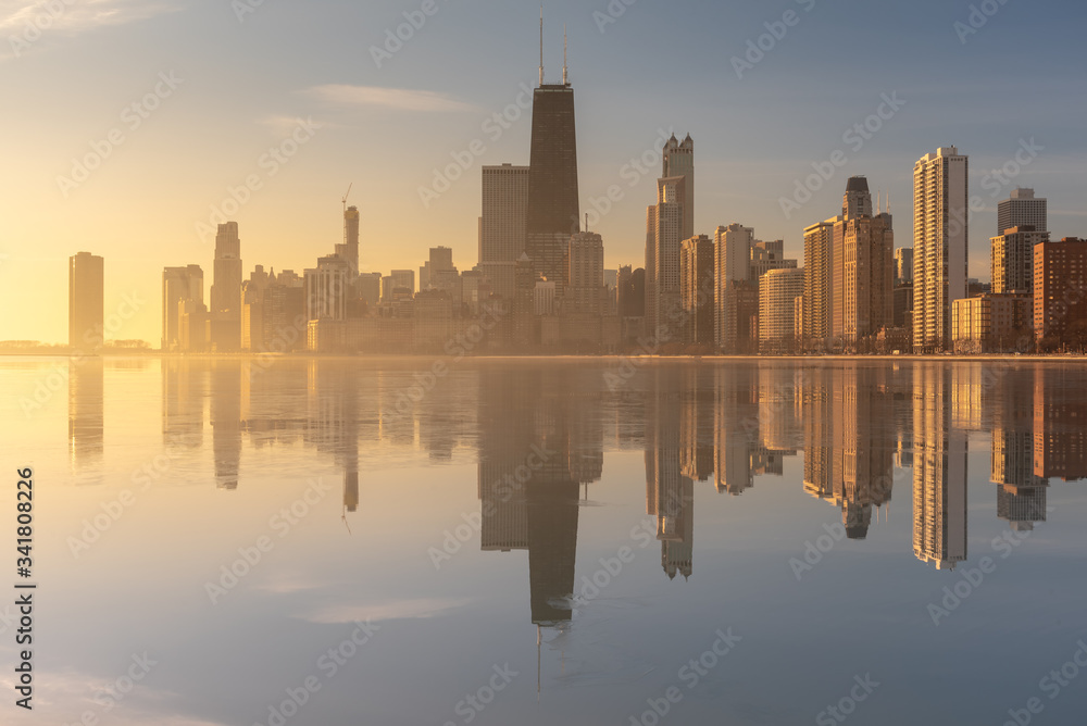  Chicago Skyline Cityscape at night  and  blue sky with cloud, Chicago, United state