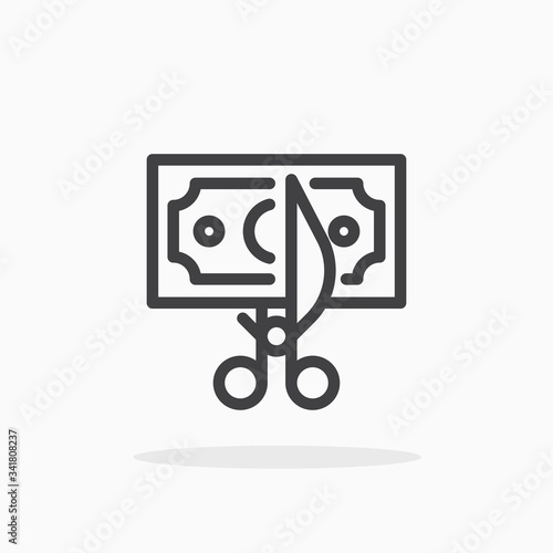 Scissors cutting money icon in line style. Editable stroke.