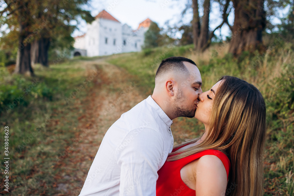 Lovely couple kissing in park with old castle on background Lovely couple kissing in park with old castle on background