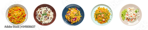 Collage of delicious pilaf with different ingredients on white background, top view. Banner design