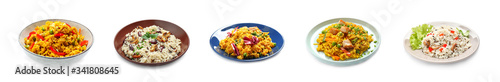 Collage of delicious pilaf with different ingredients on white background. Banner design