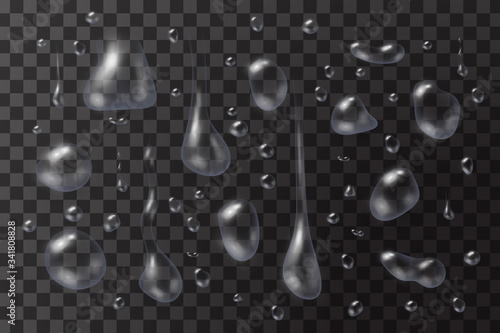 Transparent water drops on the transparent surface. Vector illustration