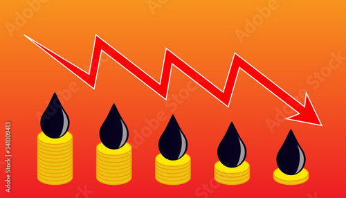 Drops of crude oil on coins - a symbol of falling prices, crisis and problems on the exchanges, a graph of falling oil demand in the world market during the economic crisis