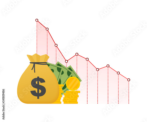 Money loss. Cash with down arrow stocks graph, concept of financial crisis, market fall, bankruptcy. Vector stock illustration.