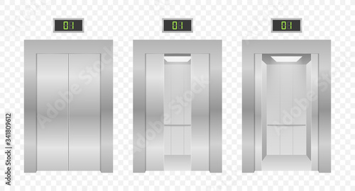 Elevator doors. Closing and opening lift metallic in office building. Vector stock illustration.