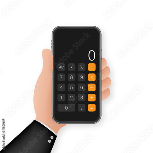 Button with black calculator smartphone. Mobile app interface. Phone display. Mobile phone smartphone device gadget. Vector stock illustration.