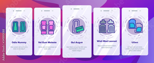 Car Mats Floor Carpet Onboarding Icons Set Vector. Car Mats, Automobile Elastic Flooring Accessory, Vehicle Interior Part Illustrations