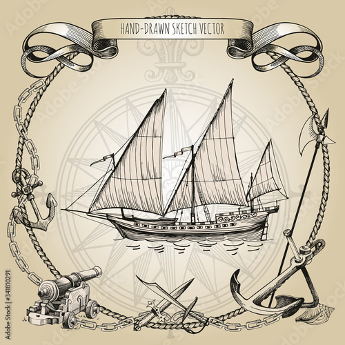 Adventure stories. Pirate background. Vintage border frame. Old caravel, vintage sailboat. Cannon, ghost ship, shipwreck, sea battle