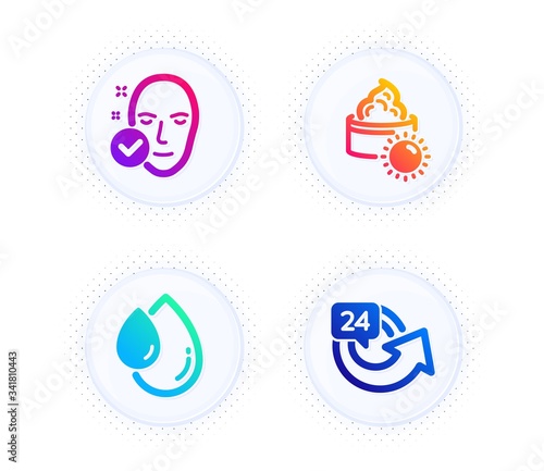 Health skin, Oil drop and Sun cream icons simple set. Button with halftone dots. 24 hours sign. Clean face, Serum, Face lotion. Repeat. Beauty set. Gradient flat health skin icon. Vector