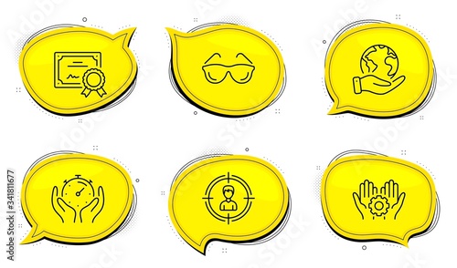 Employee hand sign. Diploma certificate, save planet chat bubbles. Timer, Eyeglasses and Headhunting line icons set. Deadline management, Optometry, Person in target. Work gear. People set. Vector