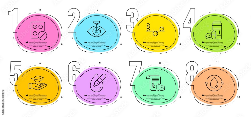 Eye laser, Eye drops and Cold-pressed oil signs. Timeline steps infographic. Medical tablet, Medical drugs and Leaf line icons set. Balance symbol. Medicine pill, Medicine bottle. Vector