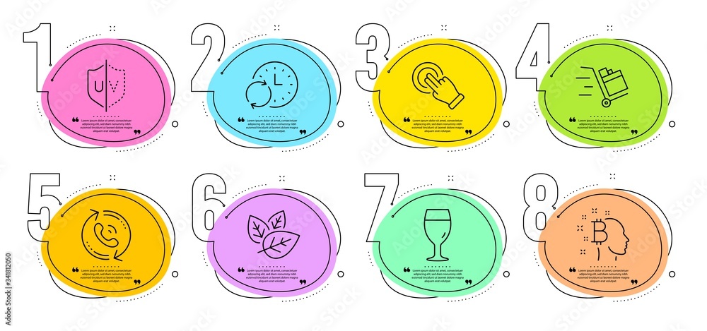 Update time, Call center and Beer glass signs. Timeline steps infographic. Bitcoin think, Touchscreen gesture and Organic tested line icons set. Uv protection, Push cart symbols. Vector Update time, Call center and Beer glass signs. Timeline steps infographic. Bitcoin think, Touchscreen gesture and Organic tested line icons set. Uv protection, Push cart symbols. Vector