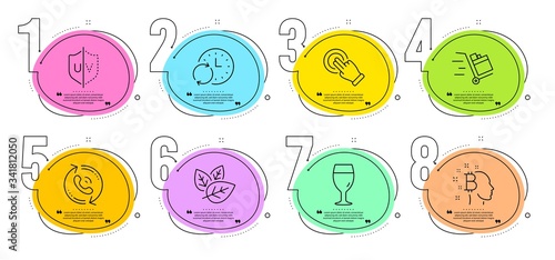 Update time, Call center and Beer glass signs. Timeline steps infographic. Bitcoin think, Touchscreen gesture and Organic tested line icons set. Uv protection, Push cart symbols. Vector