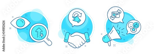 Refresh website, Rotation gesture and Like line icons set. Handshake deal, research and promotion complex icons. Energy growing sign. Update internet, Undo, Social media likes. Power usage. Vector