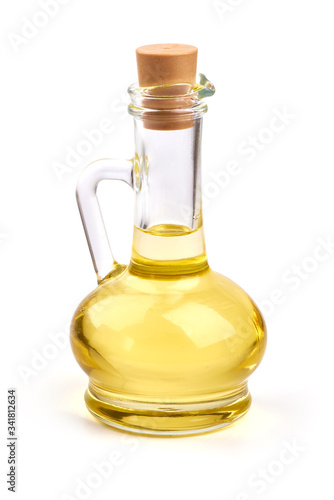 Cooking vegetable oil in a decanter, isolated on white background