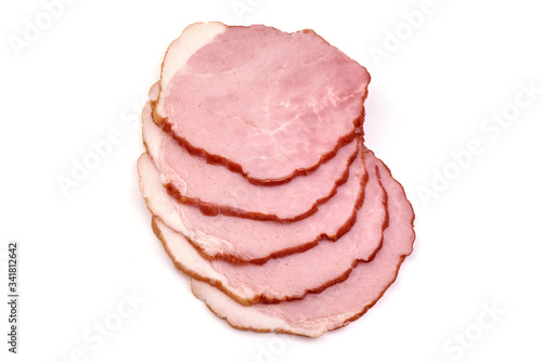 Smoked holiday ham slices, isolated on white background